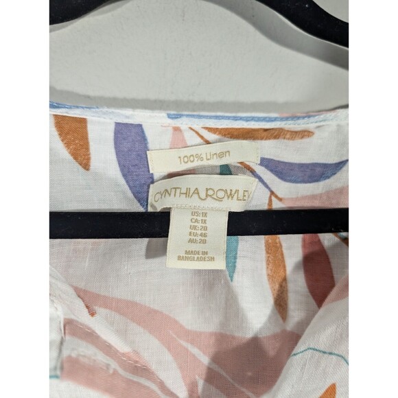 Cynthia Rowley Linen Top Women Plus 1X White Floral Roll Tab Sleeves Tunic - Picture 3 of 7